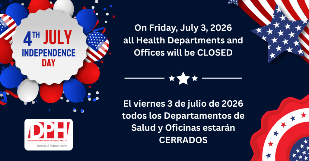 Graphic announcing the closure of all health departments and offices for the 4th of July holiday. The banner includes English and Spanish text.